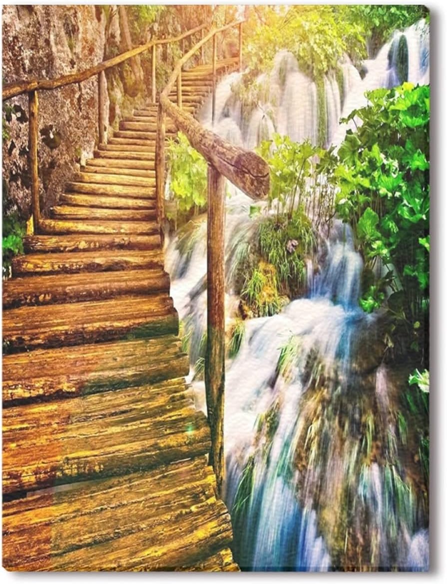 Custom Modern Giclee Canvas Print Wall Art Seasons Beautiful Wooden Bridge On The Nature Waterfall Canvas Print 11" x 14" Inch Canvas Oil Painting Wall Art Home Office Decor Artwork