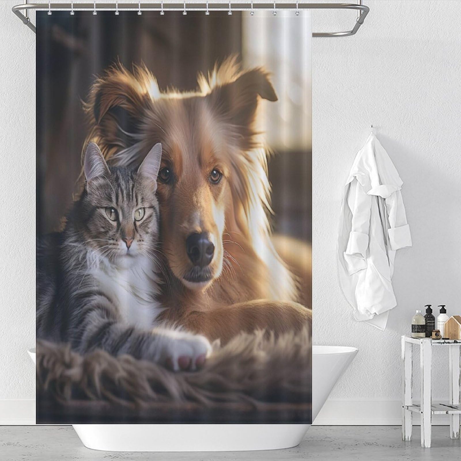 Rideau de douche chien lavable en polyester imperméable 122x183cm pour baignoire d'angle
