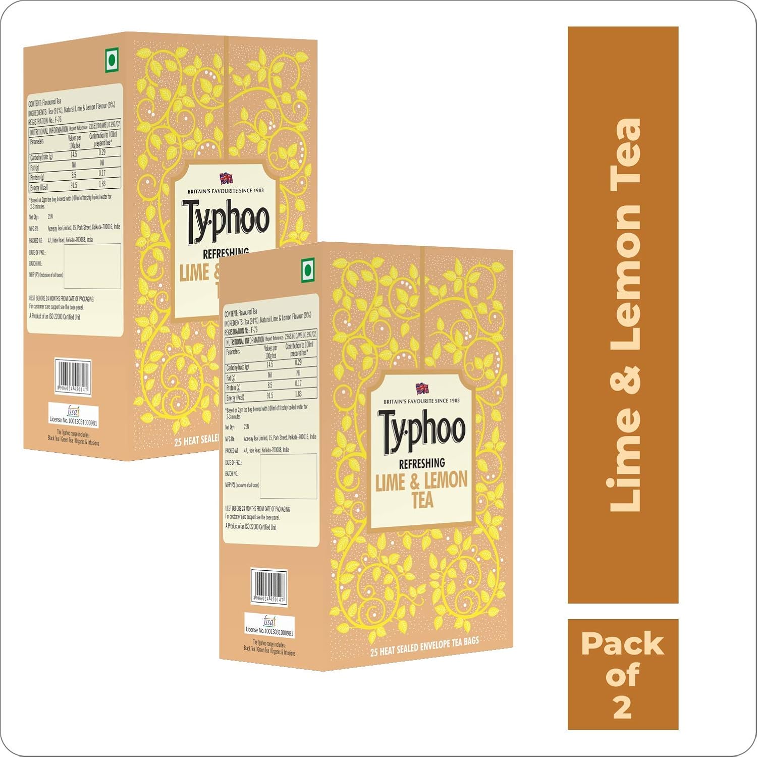 Typhoo Lime and Lemon Flavoured Tea, 25 Tea Bags (Pack of 2) Amazon