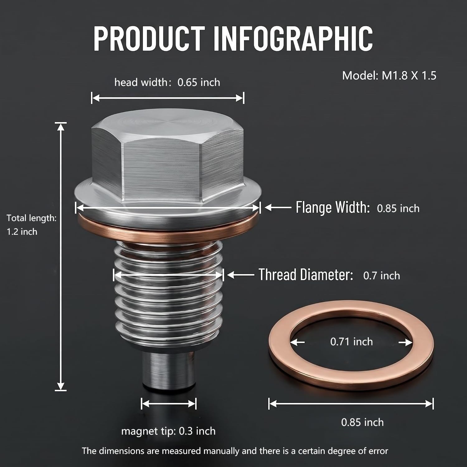 1 Set M18x1.5 Magnetic Oil Drain Plug, Drain Plug, Oil Pan, Oil Drain Pan, Stainless Steel Bolt with 5PCS Copper Crush Washer for Cars Motorcycles Boats image 2