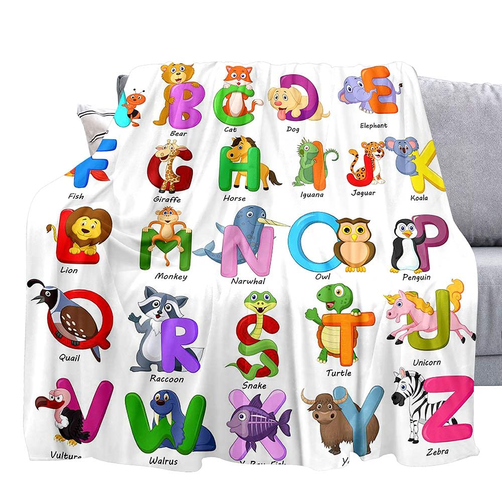 LUVIVIHOME Colorful ABC Learning Blanket, Kids educational animal blanket, Twin, Cozy soft fleece blanket for bed, couch, sofa, 60