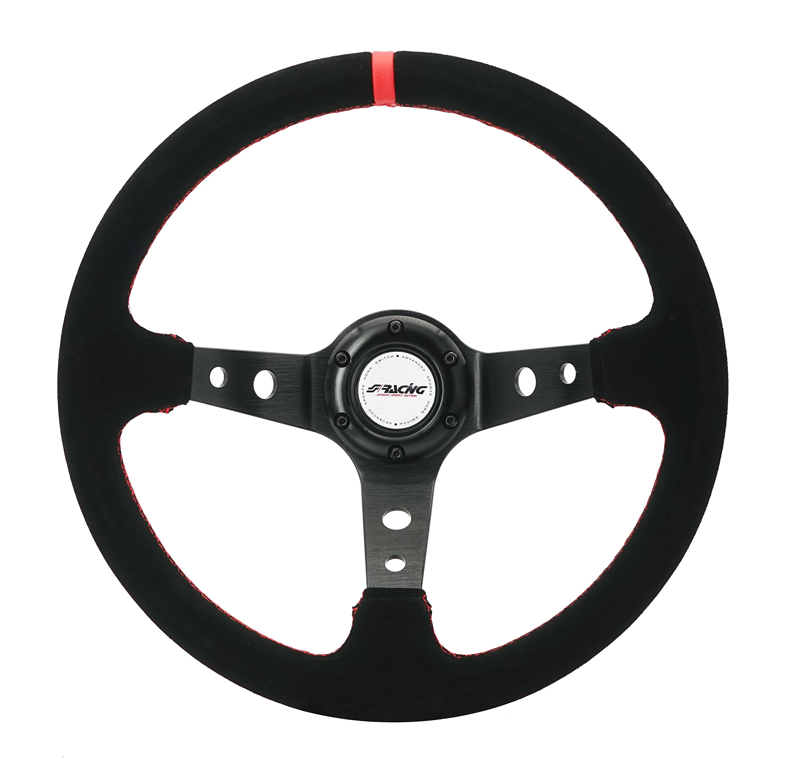 Simoni Racing Volant Universel Pitlane - Suède Noir + Couture Rouge - Diamètre 350mm