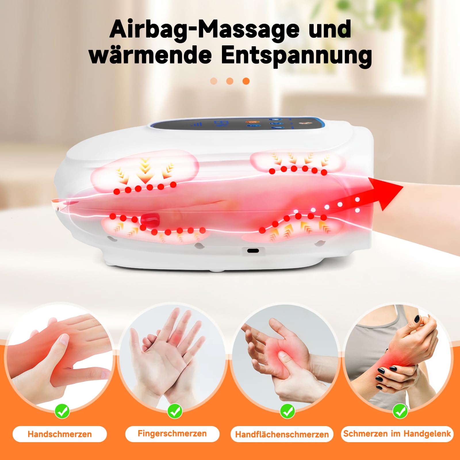 Elektrische Handmassagegeräte, Kabelloses Massagegerät mit Wärme & Rollknetmassage, 3 Massage-Modi, Tragbares Touchscreen-Handmassagegerät für Arthritis und Karpaltunnel (Weiß)