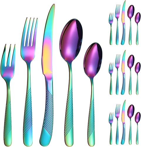 Miniatura 9 de Juego de cubiertos martillados de acero inoxidable arcoíris para 4 personas, incluye tenedores, cucharas y cuchillos, utensilios modernos para