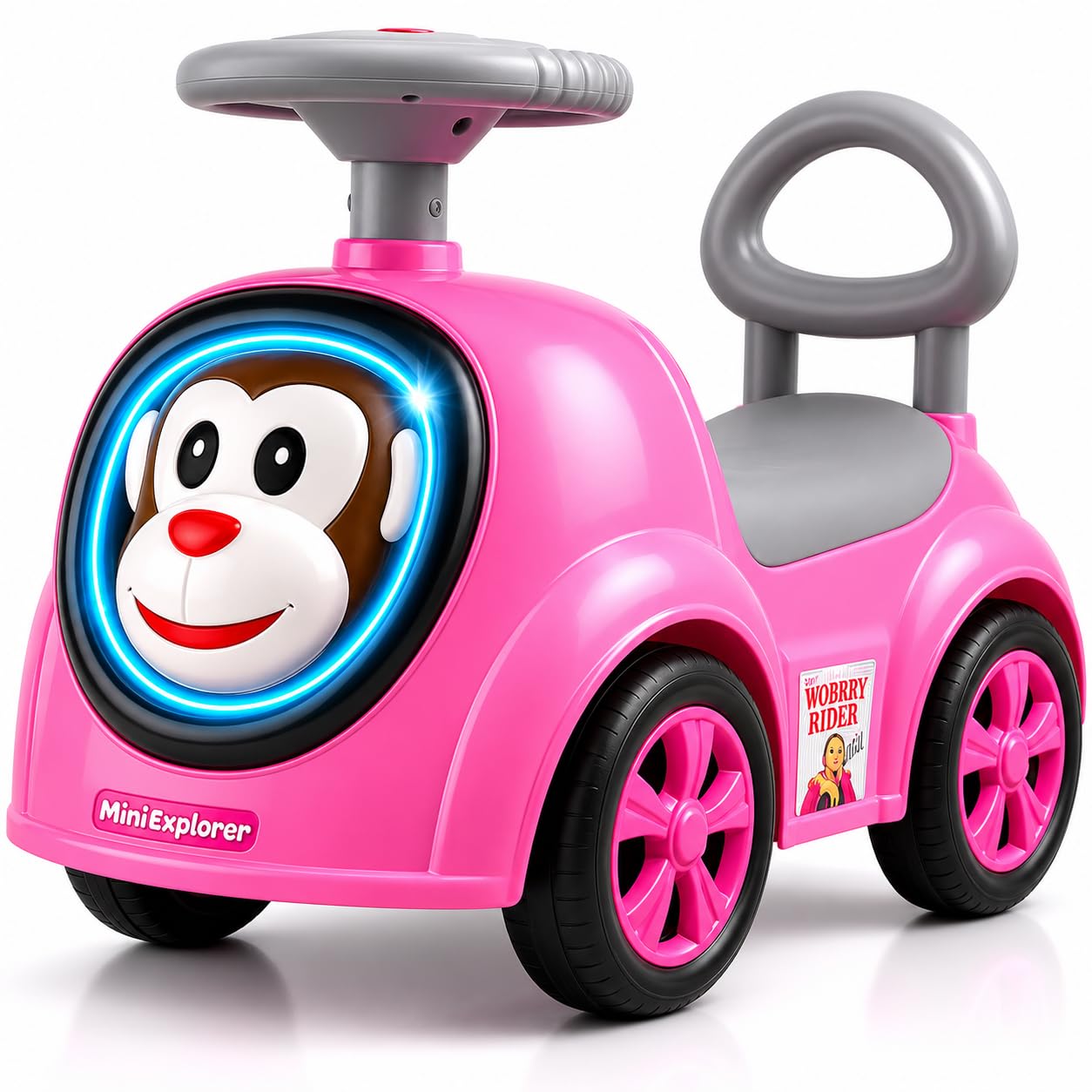 Mini Explorer Monkey Ride-on Toy Car for Kids | Push Ride Car with Music, Horn, Backrest, Safety Guard, Under Seat Storage & Big Wheels | Baby Ride-on for 1-3 Years Boys & Girls - Pink-picture-14