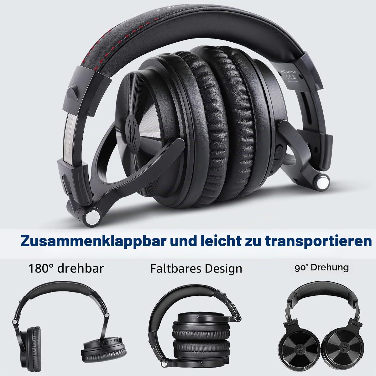 OneOdio Bluetooth Kopfhörer Over Ear, 110 Std Spielzeit, HiFi Stereo, Eingebautes Mikrofon, Faltbar, 50mm Treiber, Schwarz