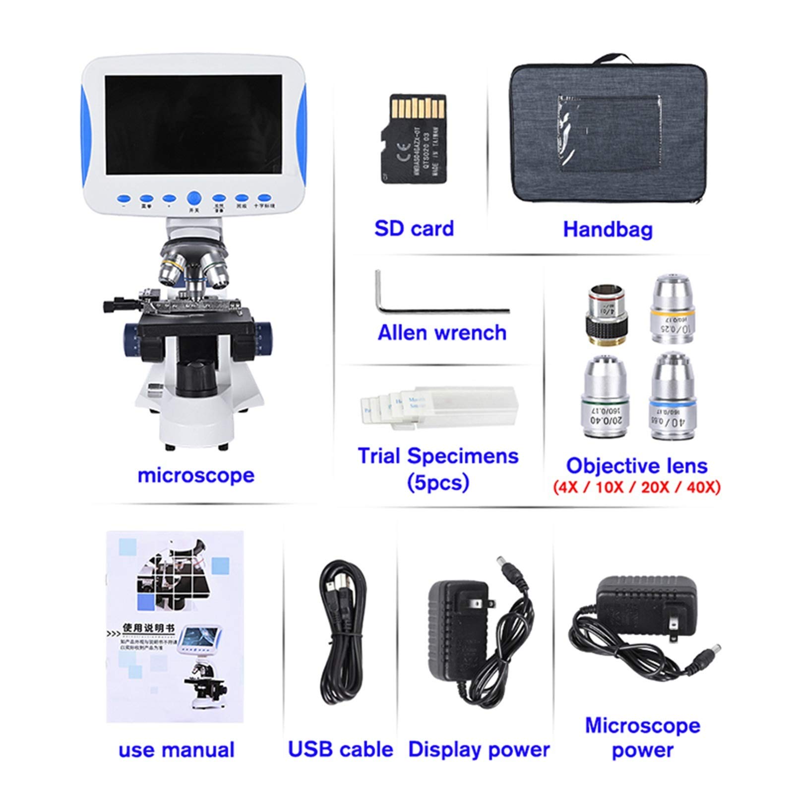 Microscopio da Laboratorio Biologico LCD da 7 Pollici Digitale HD coassiale con Regolazione fine Zoom 2000X LED + Borsa + Scheda SD può memorizzare Video e Foto