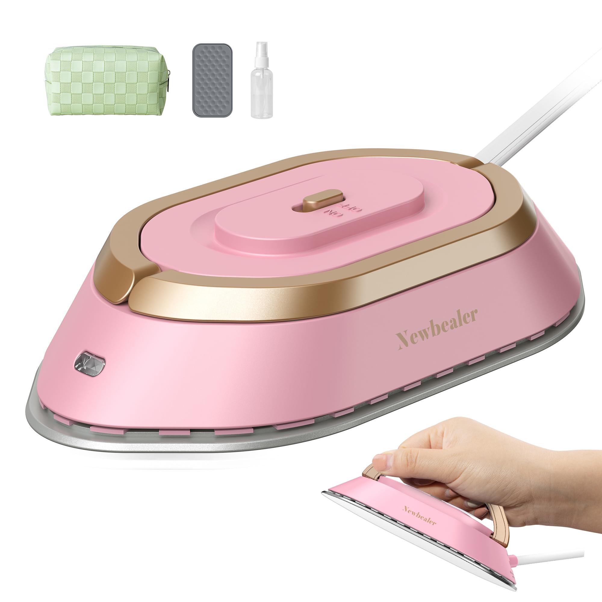Plancha de viaje Newbealer con voltaje global de 100-240 V, miniplancha seca para ropa, sin vapor, máx. 300 W, calentamiento en 60 s, suela de cerámica antiadherente 302, peso: 0,8 lb, ultraligera, color rosa.