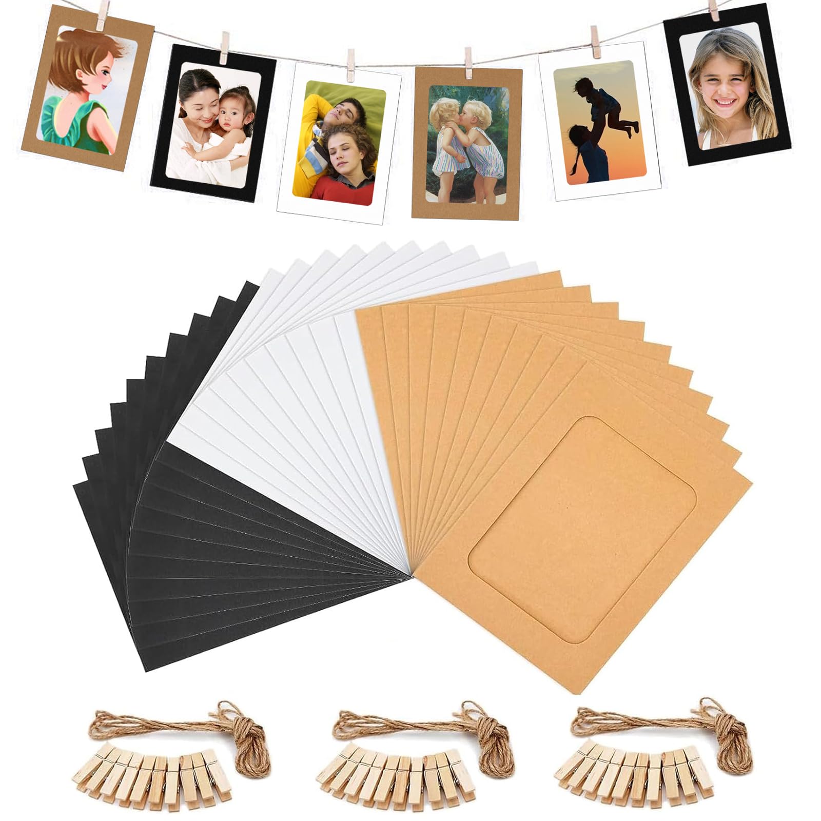 Vhzozx 3 Colors 30 Pack Cardboard Picture Frame 5X7 Paper Photo Frame Frames,Photo Frames Collage For Wall Decor Cardboard Photo Frames Collage Picture Frame Photo Clips Jute Twine (3 Colors 30 Pack)