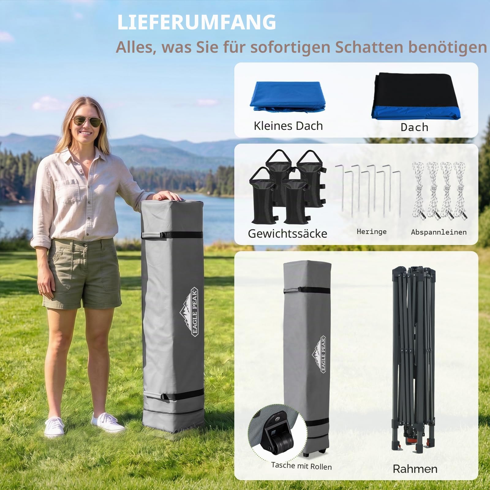 EAGLE PEAK Schräge Beine Faltbar Pavillon 4x4m Wasserdicht Camping Pop-up Faltpavillon mit Seitenteil, inkl. Rucksack, Blau/Schwarz