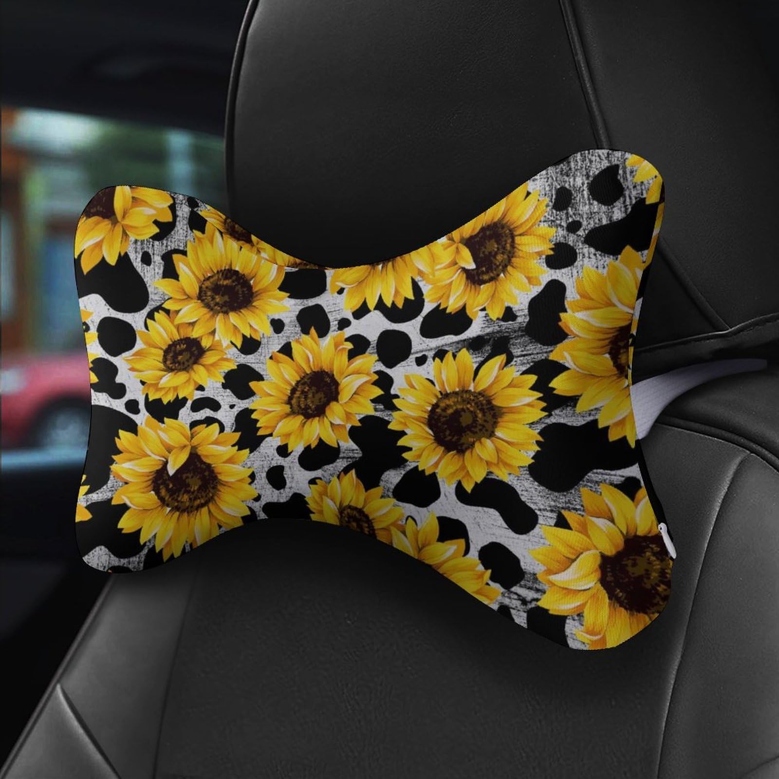 SMAZDFXX Sunflower Cow Pattern Car Neck Pillow Set of 2 Car Seat Head Support Cushion Bone Pillows with Elastic Strap