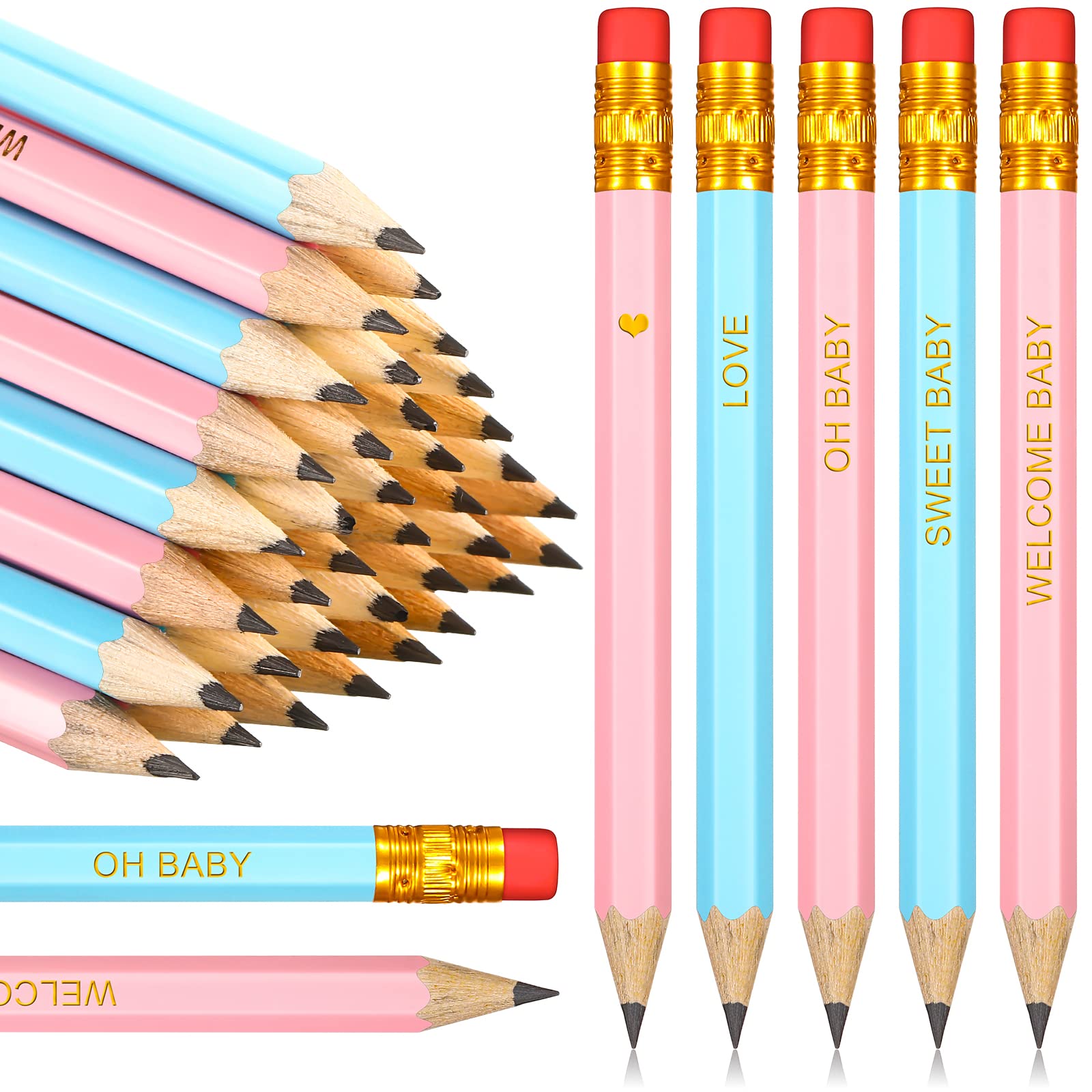 Crtiin 50 Pieces Baby Shower Pencils for Activities Mini Golf Half Pencils, Presharpened with Erasers, 4 Inch(Blue, Pink,Baby Style)