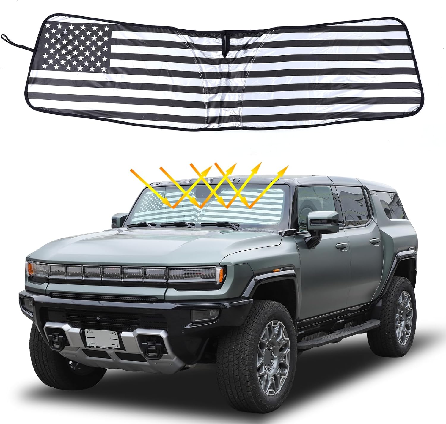 for Hummer EV Accessories Windshield Sun Shade American Flag Foldable Insulation Block UV Rays and Sun Heat Easy to Install&Store Sunshade for Hummer EV SUV Pickup Truck 2022-2024 2025 2026