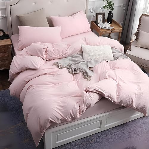 Miniatura 3 de INDACORIFY Juego de funda de edredón de algodón de color rosa bebé, lavado a la piedra, funda de edredón de algodón suave, funda de edredón para