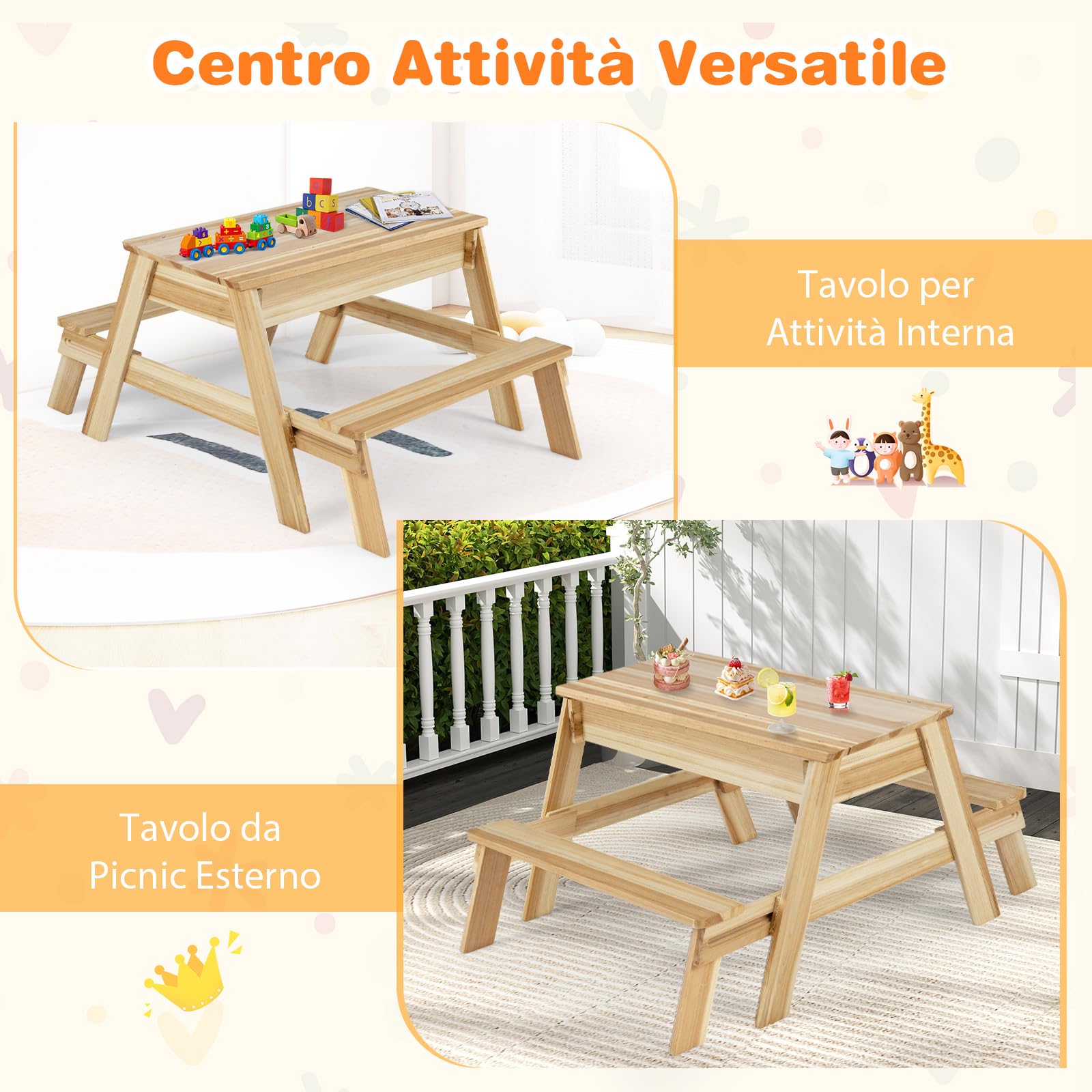 COSTWAY Tavolo da Picnic per Bambini 4 in 1 in Legno con Piano Rimovibile | Set Tavolo e Panca con 2 Scatole Contenitive, Tavolo Attività per Bambini, Mobili da Esterno per Giardino, Cortile e Patio