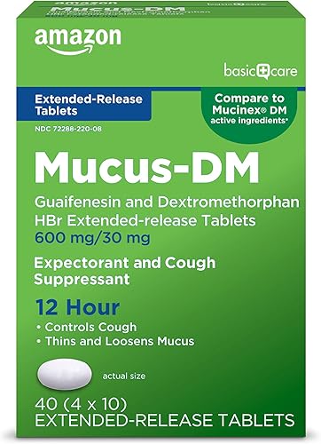 Amazon Basic Care Mucus Relief DM, 12 horas de guaifenesina e hidrobromuro de dextrometorfano comprimidos de liberación prolongada, 600 mg/30 mg, 40