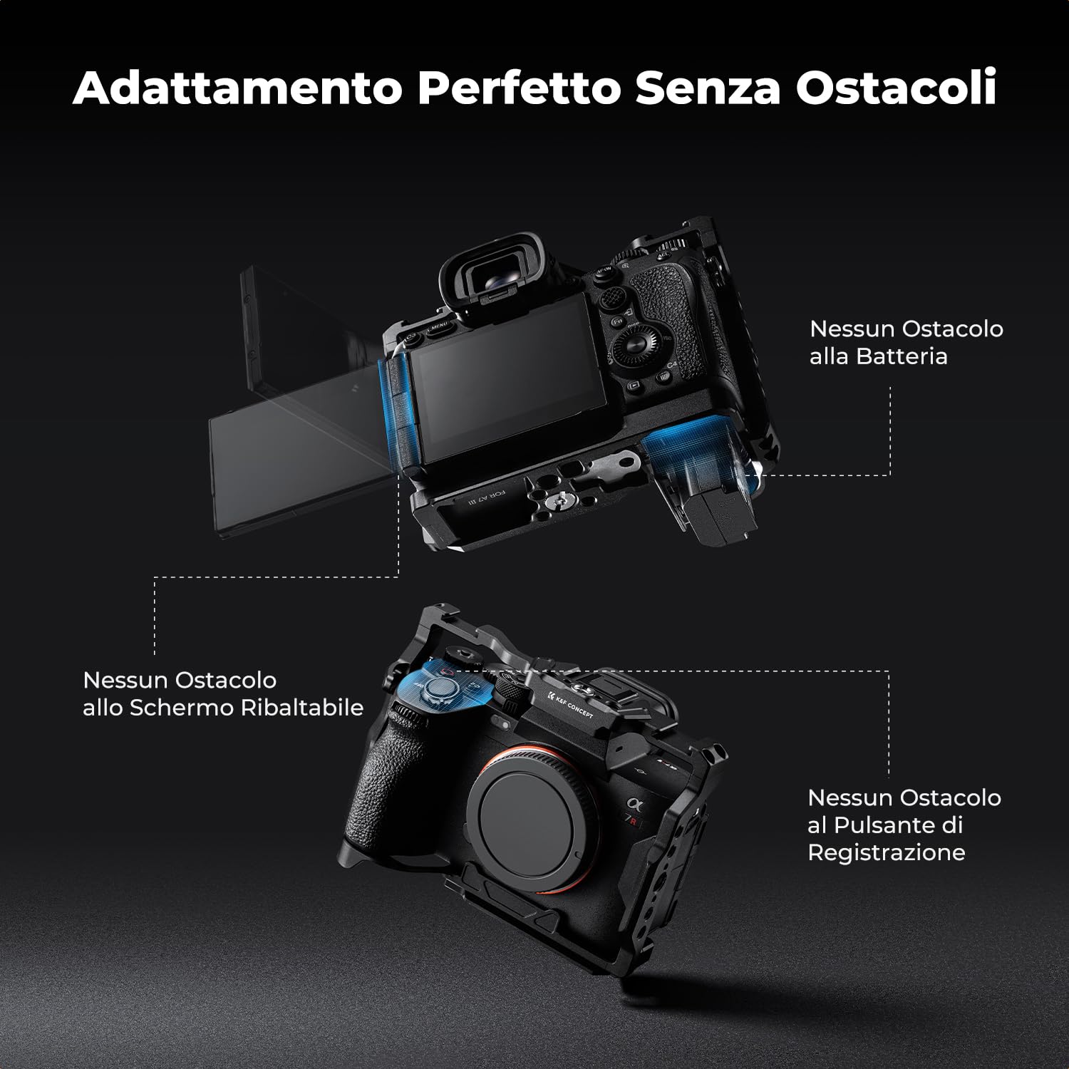 K&F CONCEPT Alpha 7 III/7 IV/7 Ⅴ/7R III/7R Ⅴ Cage, Gabbia per Fotocamera per Sony Alpha 7 III/7 IV/7 Ⅴ/7R III/7R Ⅴ con Piastra a Sgancio Rapido Integrata per Arca, Guida NATO, Filettature da 3/8“