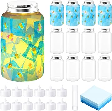 Qinyoung 12 Pcs Firefly Mason Jars Firefly Paper Crafts with LED Candle Light DIY Suncatchers Decoration Make Your Own Camping VBS Mason Jars Supplies for Sunday School Projects Activity