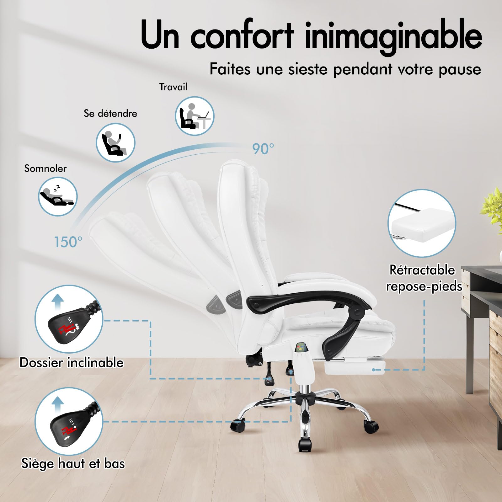 ALFORDSON Chaise de bureau ergonomique, Fauteuil avec fonction de massage thermique, chaise d'ordinateur en cuir PU avec accoudoirs rembourrés et appui-tête souple, chaise pivotante à roulettes, Blanc