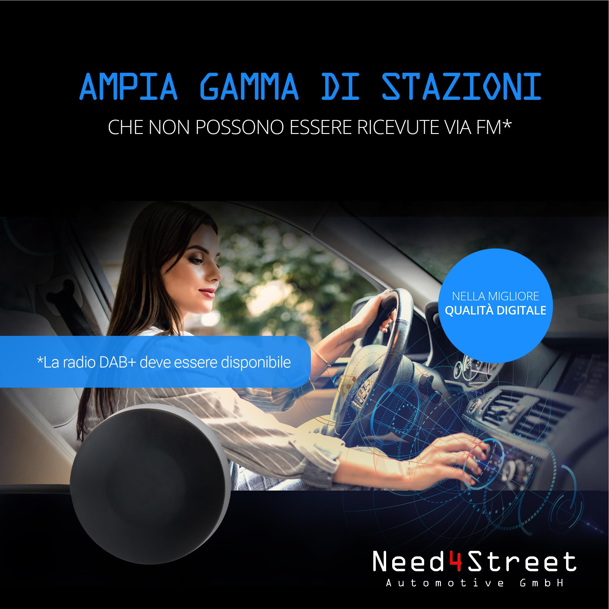 Antenna DAB+ per aggiornare l'autoradio, spina SMA, lunghezza cavo 250 cm, antenna auto con amplificatore per migliore ricezione