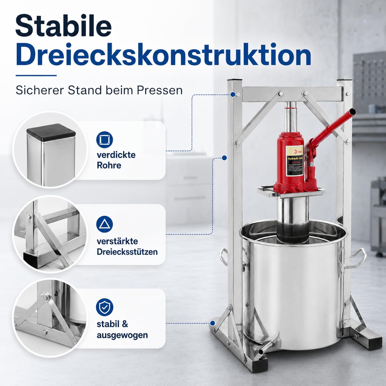 12L 3T Edelstahl Obstpresse Obstmühle Frucht Saftpresse Weinpresse Apfelpresse mit Trommel, ​Pressenrahmen und Hydraulic Jack