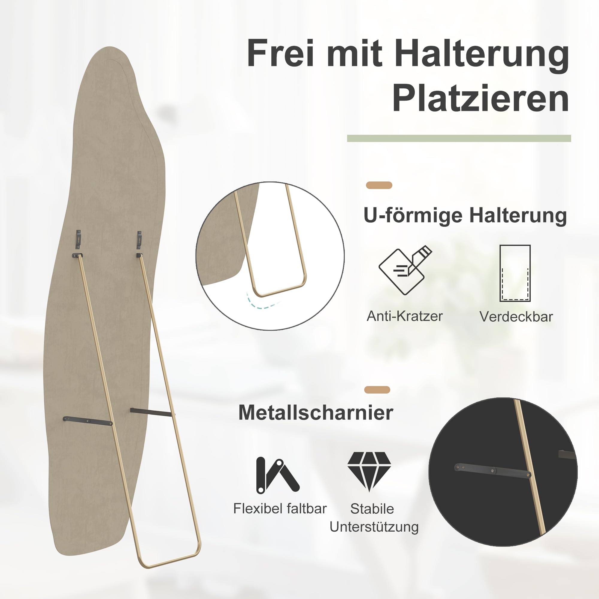 Ganzkörperspiegel, Asymmetrischer Gewölbter Bodenspiegel Groß, standspiegel aus Flanellumwickeltem Holzrahmen, Bodenspiegel, für Schlafzimmer, Wohnzimmer, Garderobe, Gold