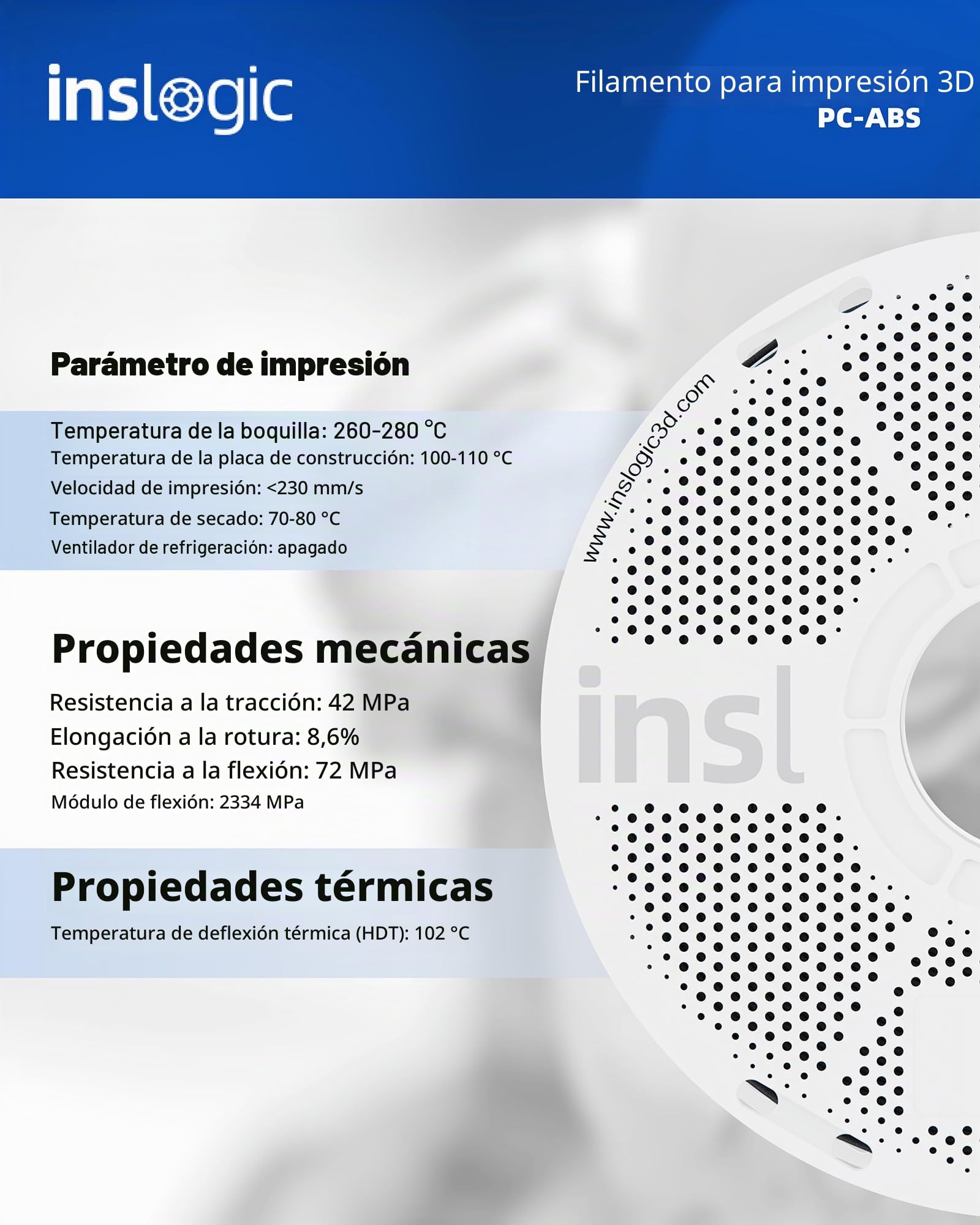 Inslogic Pre-secado PC-ABS Filamento 1.75mm 1kg, Resistente y Resistente al Calor Filamento PC Impresora 3D, Mezcla de Filamento Policarbonato con ABS, Blanco