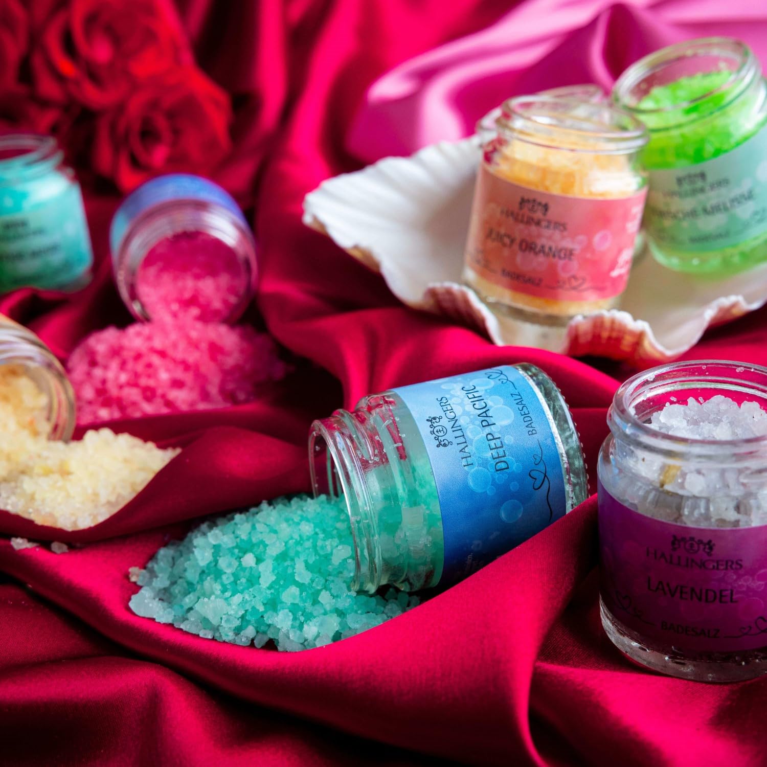 Hallingers Genuss Manufaktur Badesalze Muttertagsgeschenk-Set - 12x Badezusatz mit Totes Meer Badesalz edle Geschenkbox, Badekristalle Fußbad & Spa "Zum Muttertag", Geschenkidee für Mama Oma