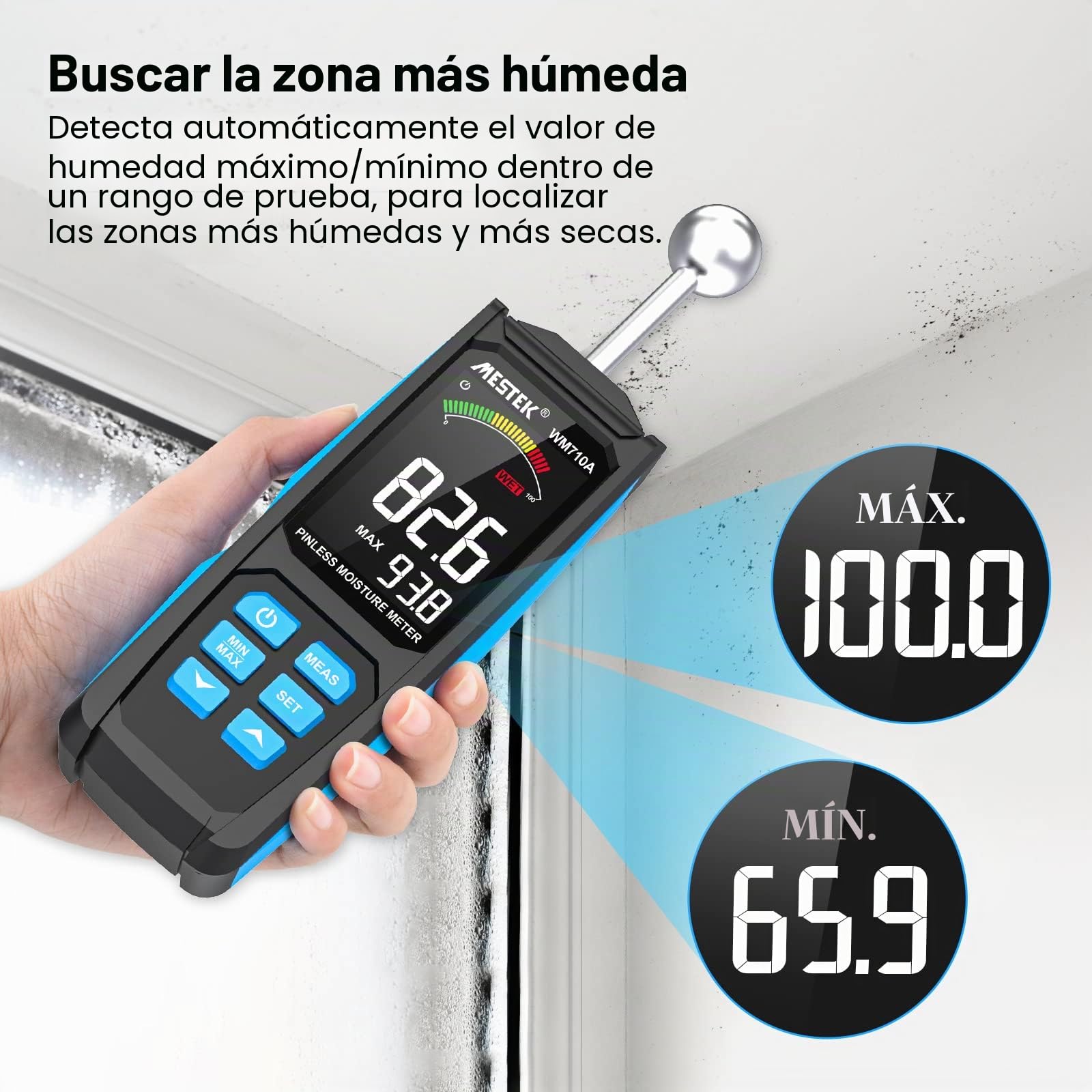 Medidor de Humedad MESTEK Humidímetros 20-40mm Detector de Humedad sin Pin Portátil Humedad Medición Digital Pantalla LCD Alarma para Madera, Paredes, Hormigón, Ladrillo y Materiales de Construcción
