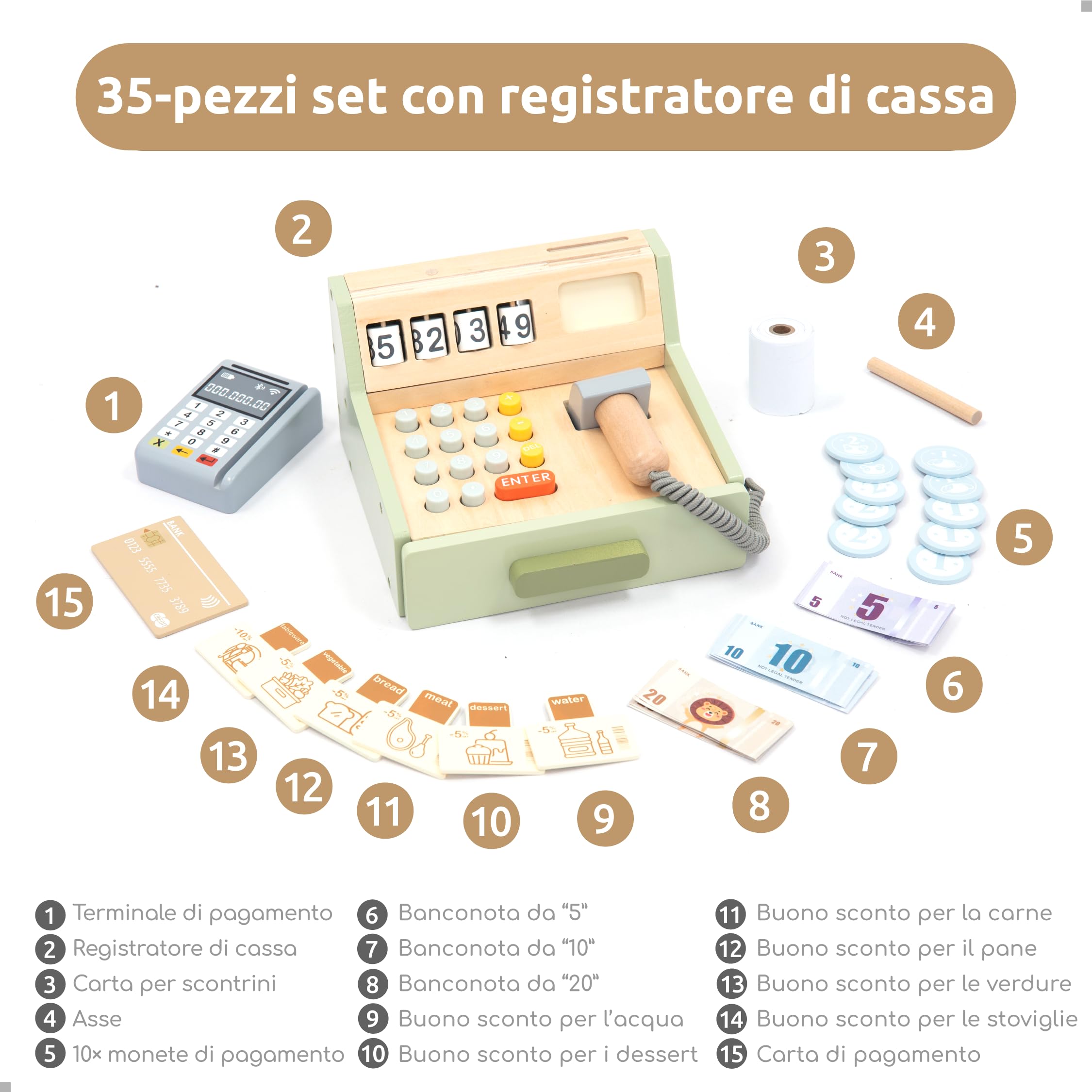 UMU® Cassa per bambini in legno - scanner, terminale di pagamento, denaro, negozi di masticazione e accessori per gioco di ruolo, da 3 a 6 anni