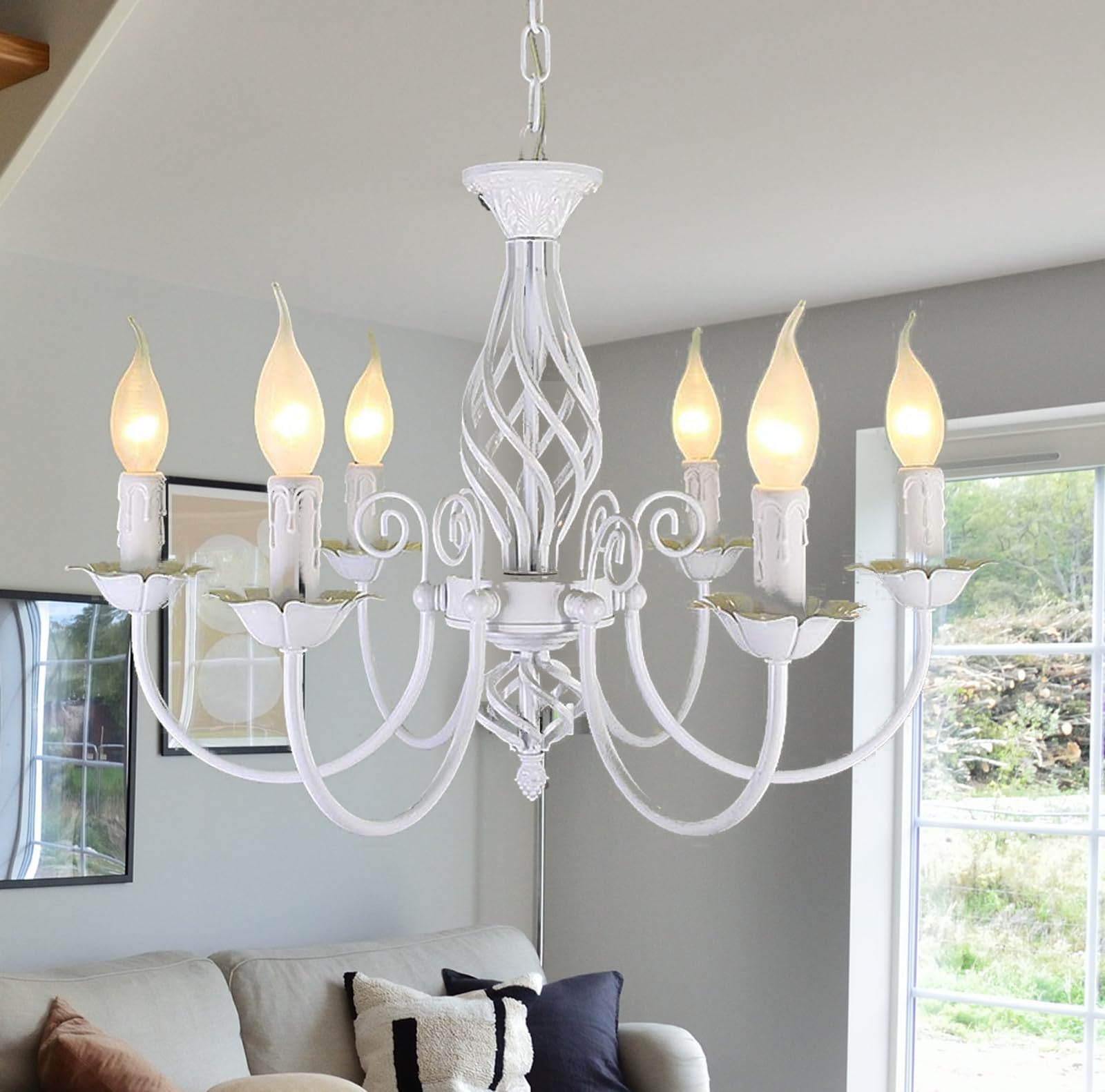 Vintage Kronleuchter Country Weiß, Pendelleuchten Vintage Kerze Französischer Kronleuchter, 6 Lichter Deckenleuchte Classic Hängende Lampe für Küche Wohnzimmer Schlafzimmer