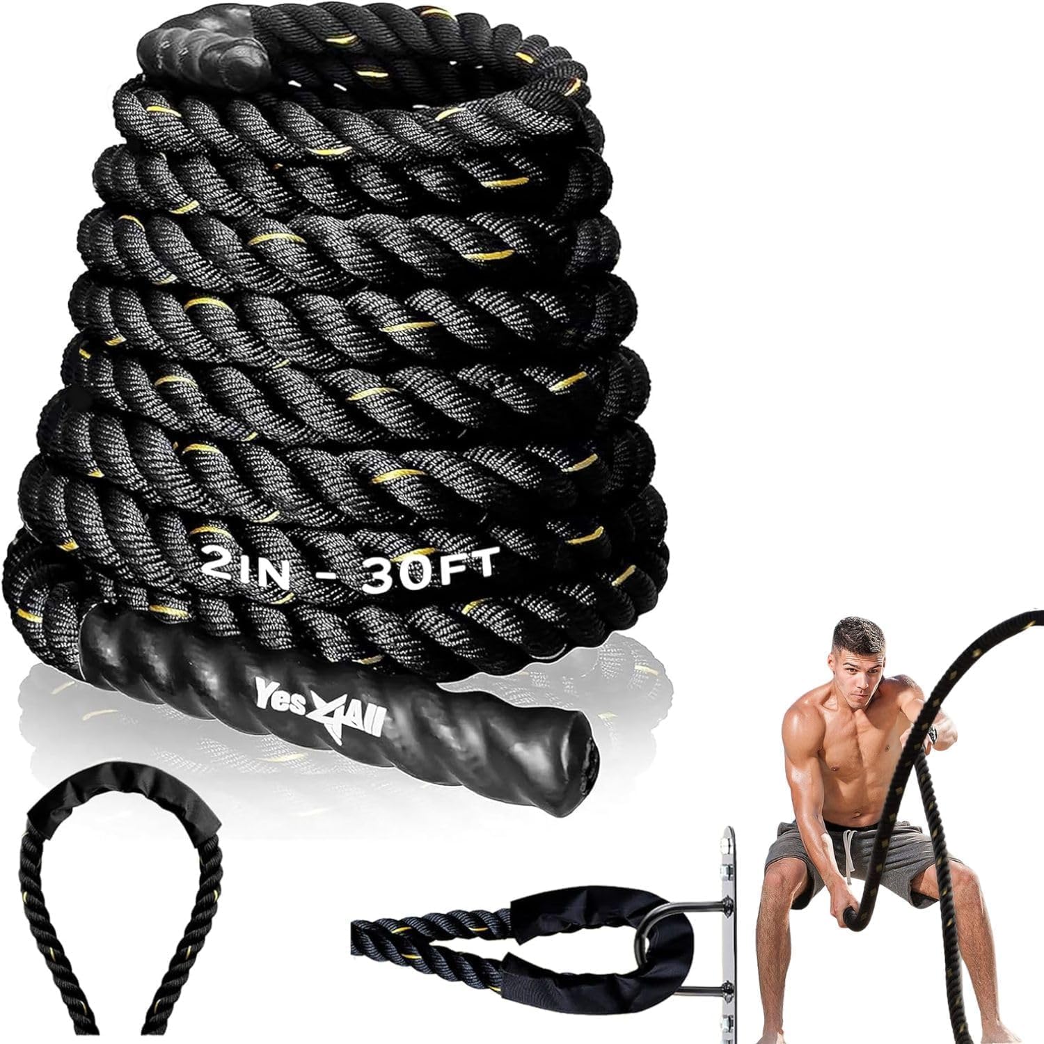 Yes4All 1.5/2 Inch Battle Ropes with Extra Protective Sleeve, Workout Ropes for Cross-Training Home Gym & Fitness Exercises, Strength Training - 30,40,50 Feet Lengths Available