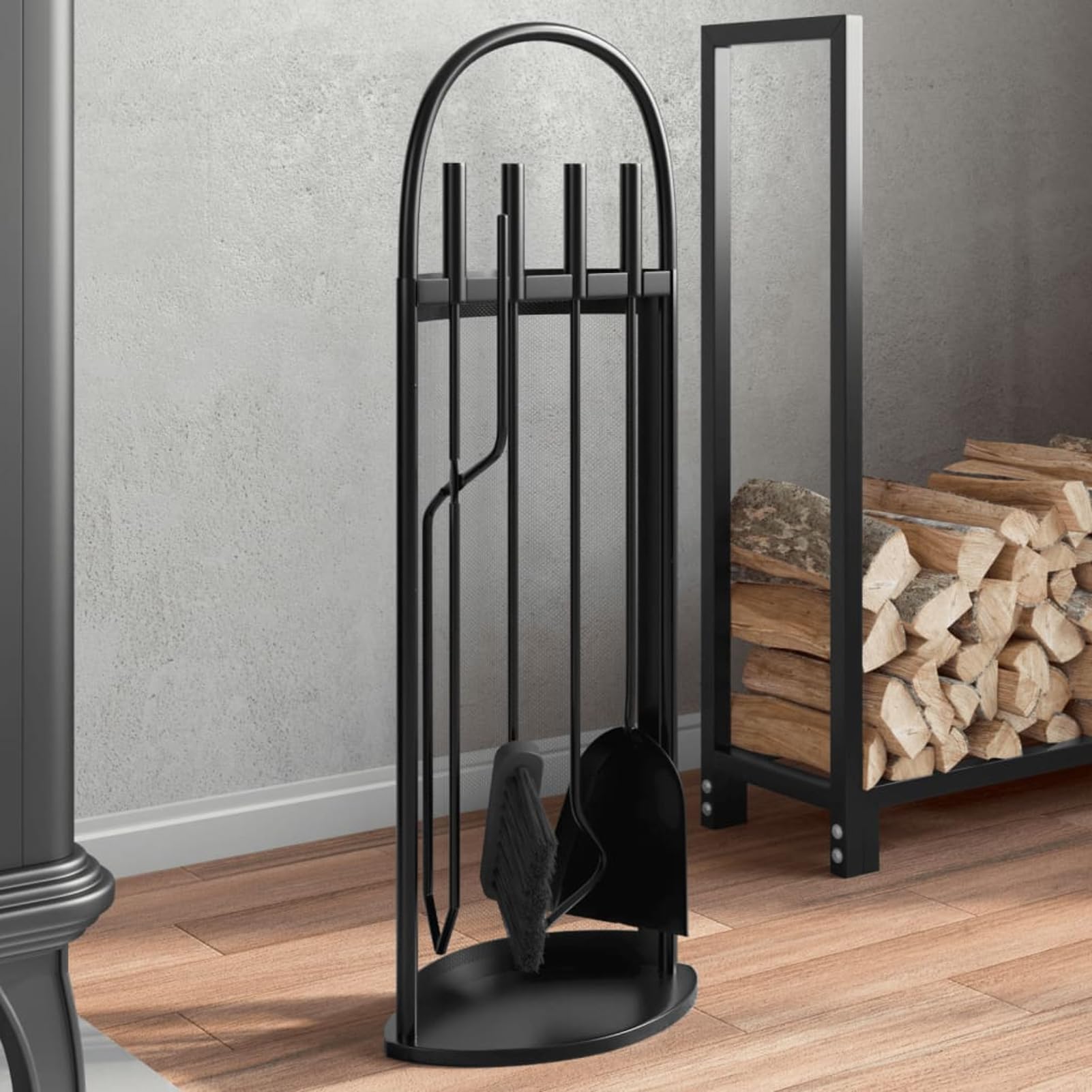Kaminbesteck Set aus Stahl, Schwarz, 23x15x66 cm, für den Kamin, Schürhaken Set mit Gestell, Zange, Besen und Schaufel 156379