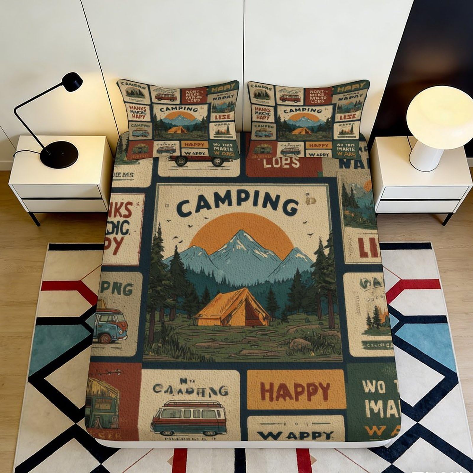 Decorative Mountain Camping Fitted Sheet 3D Printed, Soft Touch Microfiber Bed Cover, Wrinkle Resistant, Home Bedroom Apartment Bedding, Easy Care, Nature Theme, 120x200x25cm