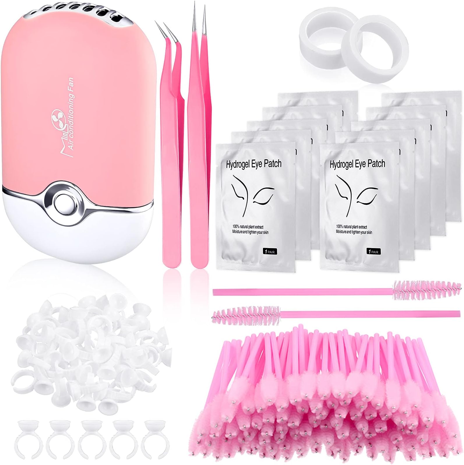 HonosonEyelash Extension Supplies, USB Air Conditioning Blower, 2 Straight and Curved Tweezers,100 Disposable Mascara, 50 Glue Ring Holder, 2 Tapes, 10 Pairs Under Eye Gel Pads (Pink)