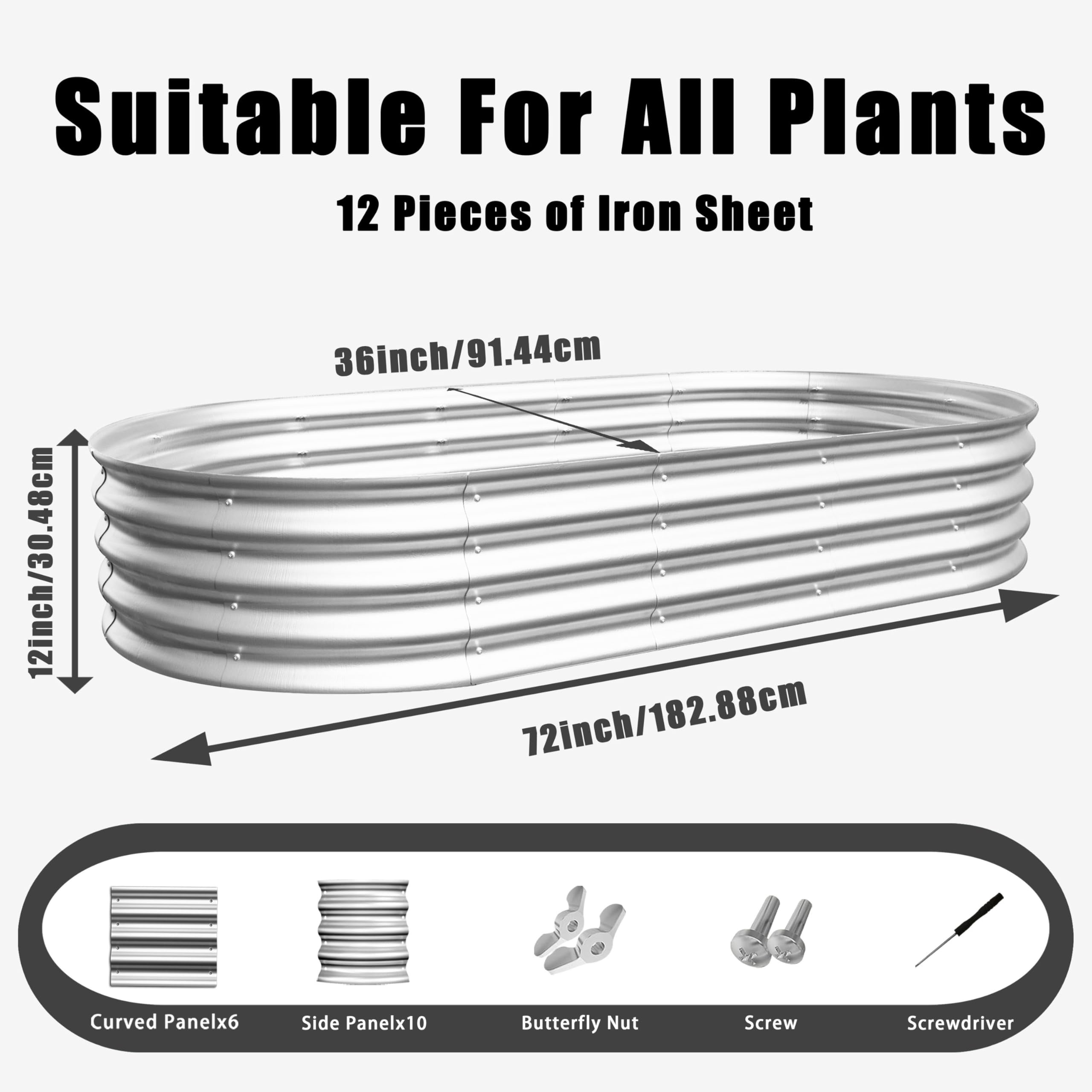 Verzinktes Hochbeet-Set, Hochbeet, Hochbeet, Outdoor, ovale Metall-Hochbeete für Gemüse, Blumen, Kräuter, Silber, 1,8 x 0,9 x 0,3 m, 1 Stück