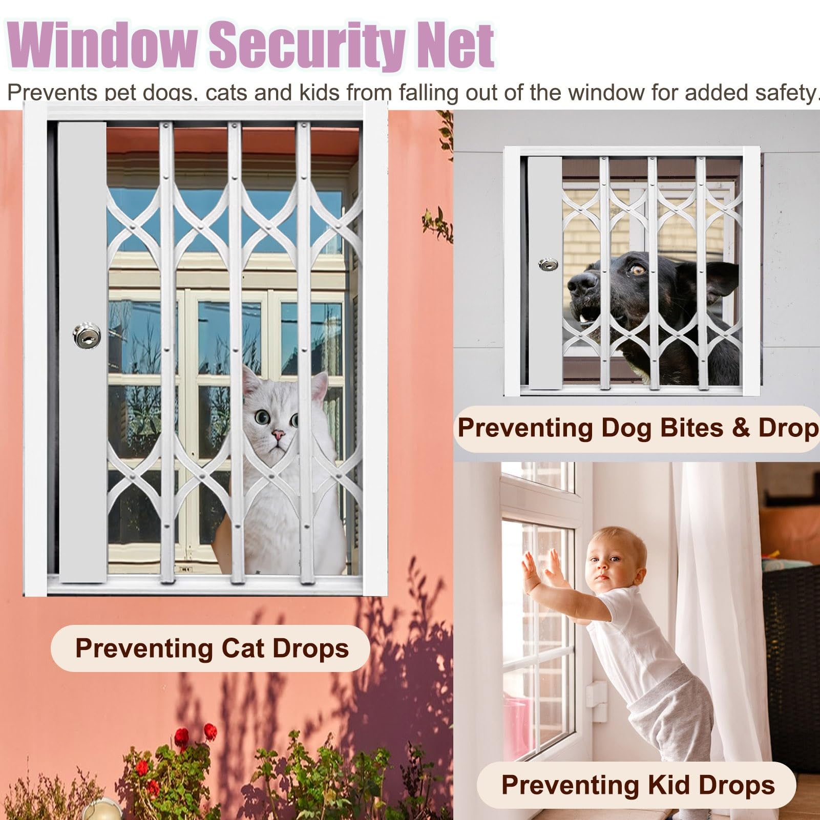 Rete per finestre pieghevole regolabile per cani e gatti-66 x 117 cm (66 x 117 cm) cancello di sicurezza, antifurto con serratura e chiavi, 66 x 117 cm