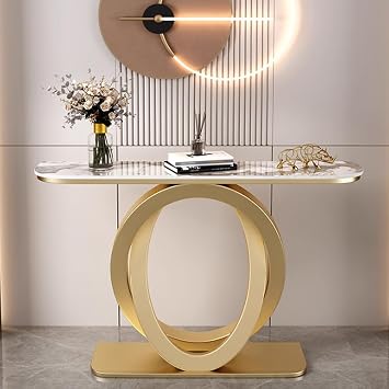 Modern Console Table - Stone Top Sofa Table with Metal Base - Abstract Design for Living Room or Porch