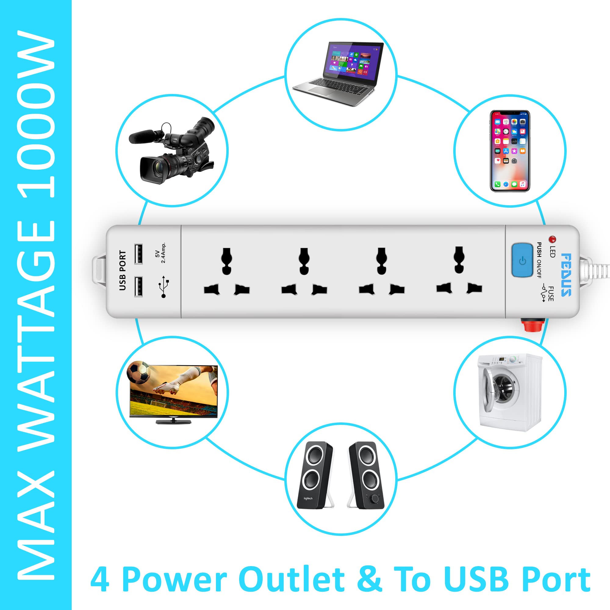 FEDUS Extension Board With 2 Output USB Charging Ports (2.1A), 4 Universal Power Sockets, Switch Board Extension Board Cord, 1.8 Meter Long Wire, Power Strip, 3-Pin Surge Protection for Home Office — Amazon image 2