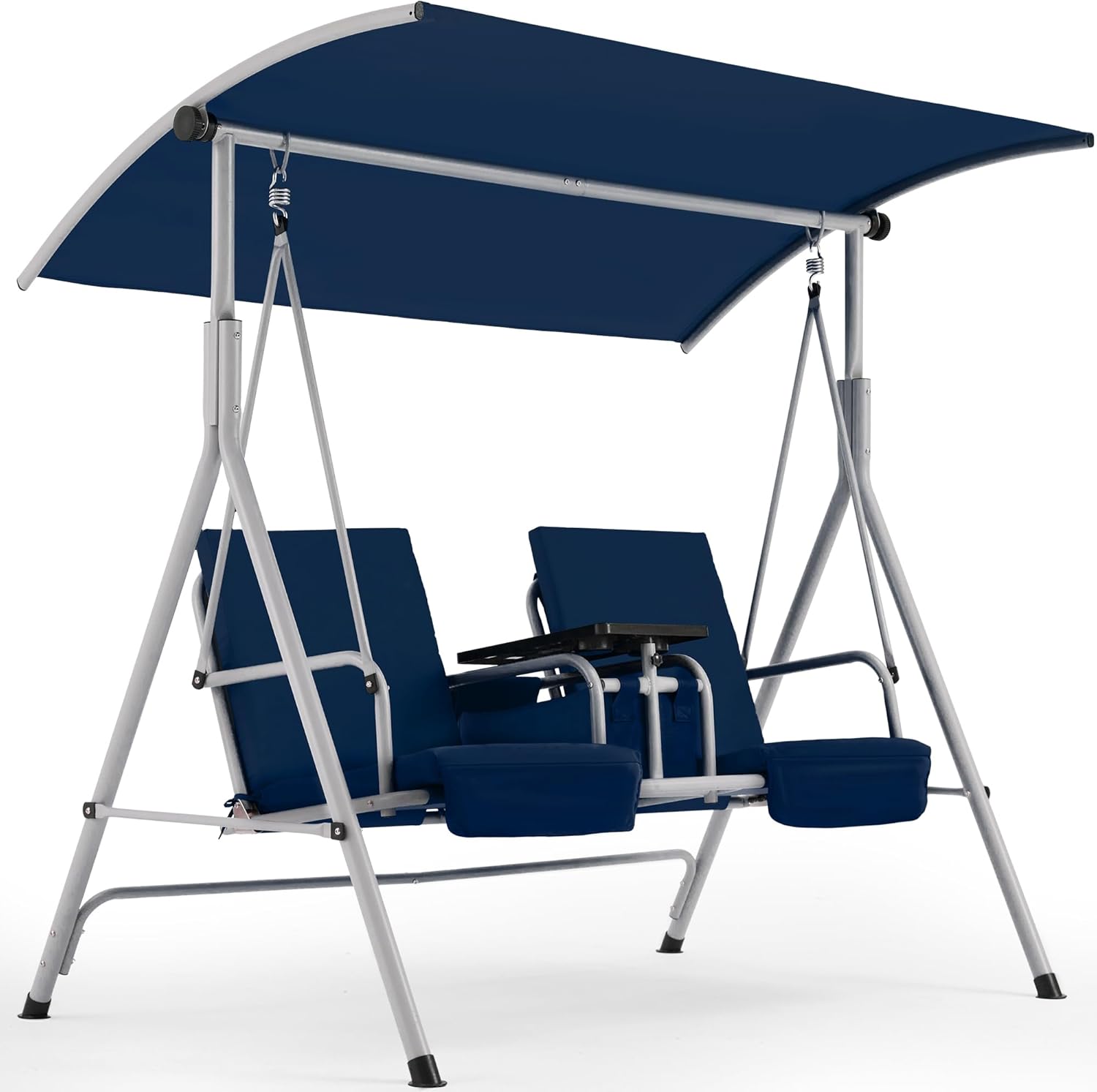 HOMREST 2 Seat Outdoor Porch Swing,Patio Swing with Adjustable Canopy,Heavy Duty 650 LBS Outdoor Swing with Pivot Storage Table & 2 Cup Holders & Cushions for Yard, Lawn, Backyard (Blue)