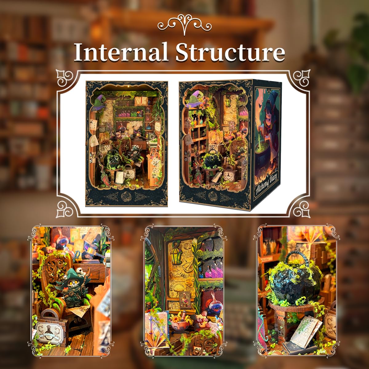 DIY Book Nook Kit for Adults and Teens 3D Wooden Puzzle Miniature Tiny House Dollhouse Kit Bookshelf Booknook Bookcase Model Build Gift Kit Decor with LED Light-Alchemy Diary(SQ-43) - Image 3