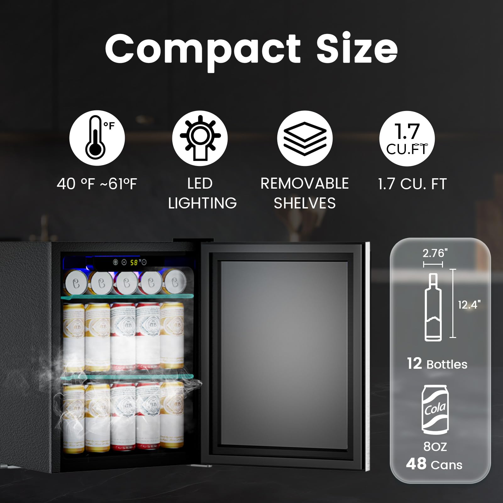 COWSAR 1.7 Cu. Ft Mini Beverage Refrigerator, 68 Cans, 16 Bottles Compact Drink Cooler with Glass Door & Touch Controls for Home, Office Bar on Fridge.com
