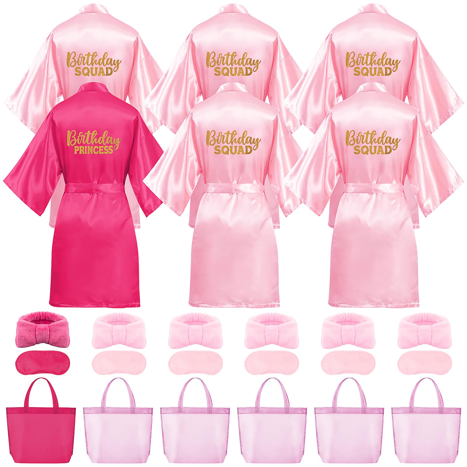 Lot de 24 fournitures de fête spa pour filles, 6 peignoirs, 6 masques pour les yeux, 6 sacs fourre-tout, 6 bandeaux – Rose rouge anniversaire
