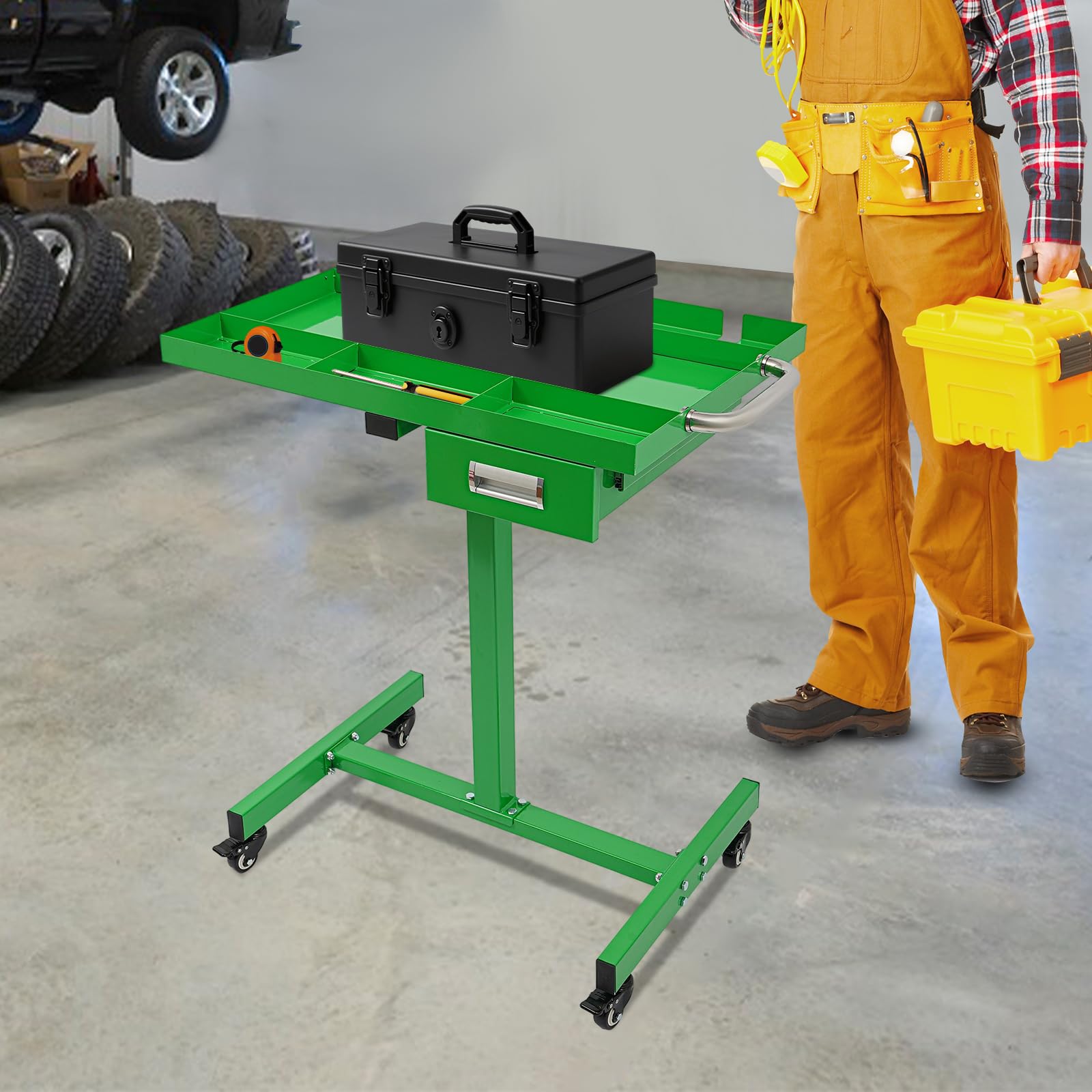Carrello portautensili con cassetto e scomparti – Tavolo da lavoro mobile per garage e officina, portata 100 kg, 4 ruote freno, verde