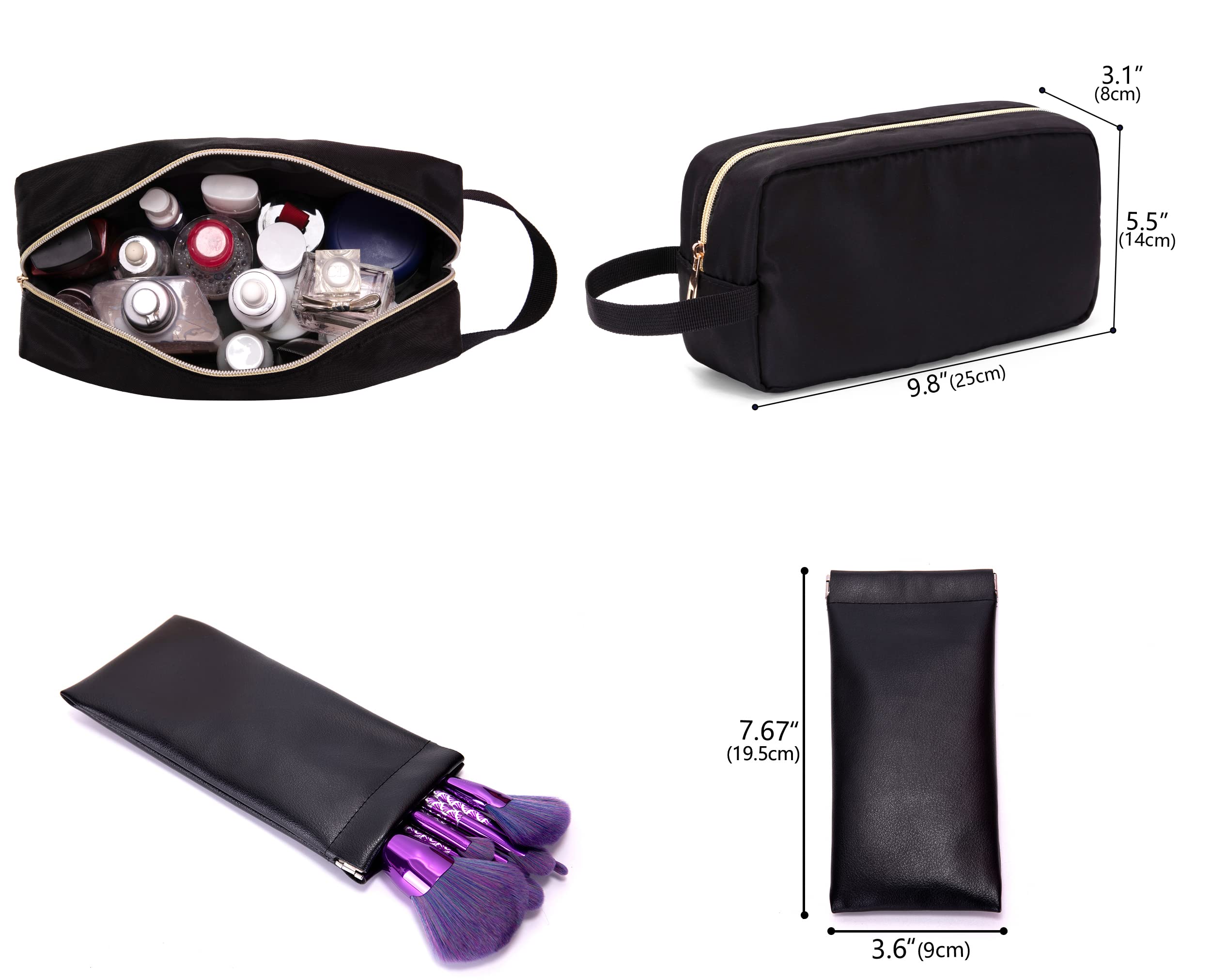 Ginsco Large Capacity Makeup Bag for Women Girls, Travel Cosmetic Bag Stuff Pouch with Makeup Brush Holder Multipurpose Portable Travel Toiletry Organizer with Carrying Handle Black