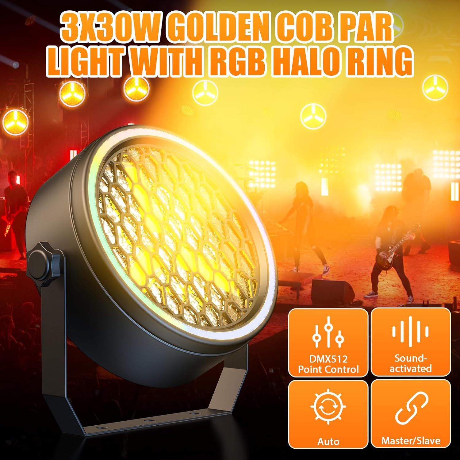 100W Retro DJ Lights, Gold Super Bright COB Par Light Stage Spotlights with Strip, Sound Activated Vintage DMX Uplights Indoor for Events Club Wedding Theater Church Dance Lighting