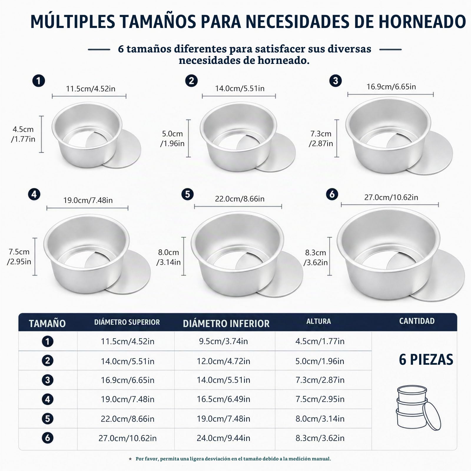 6 Piezas Moldes Reposteria Aluminio Anodizado 10/13/15/18/20/25 cm | Redondo Molde para Pastel con Base Extraíble, Molde Bizcocho Alu Anodizado para Capas de Tarta, Argento