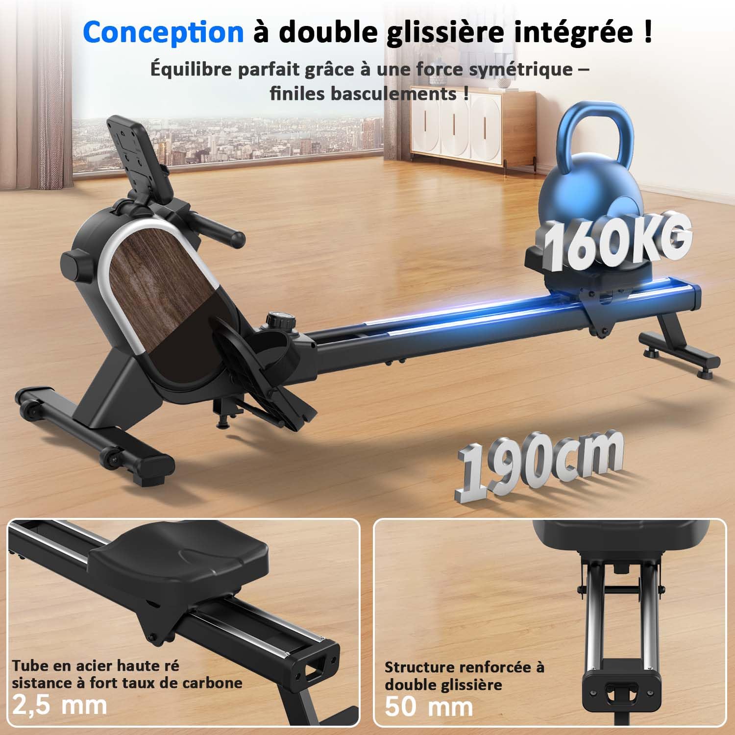 CHAOKE Rameur Magnétique D'appartement, Rameur Bluetooth avec écran LCD, 16 Niveaux de Résistance, Rails Doubles Améliorés, Silencieux, Idéal pour l’Entraînement Cardio à Domicile, Capacité 160KG
