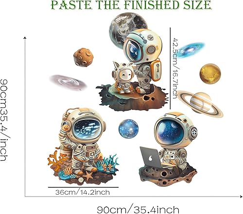 Miniatura 6 de Calcomanías de pared de astronauta espacial de dibujos animados, sacinora Cosmic Galaxy DIY, calcomanías de pared extraíbles de vinilo para niños,