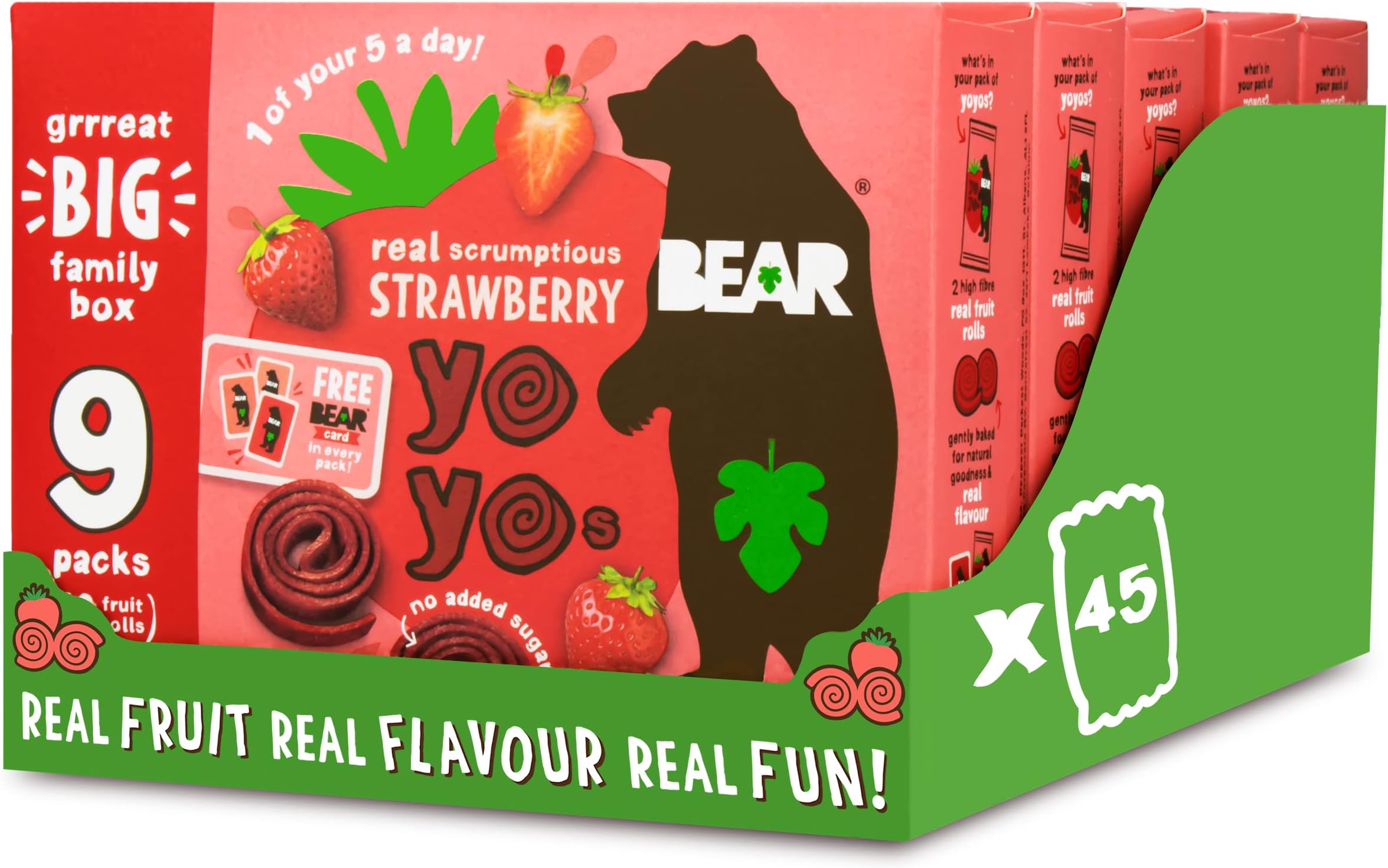 BEAR Fruit Yoyos Strawberry 20g (Pack of 45) – 100% Fruit, No Added Sugar, Ideal lunchbox snack for kids or on-the-go